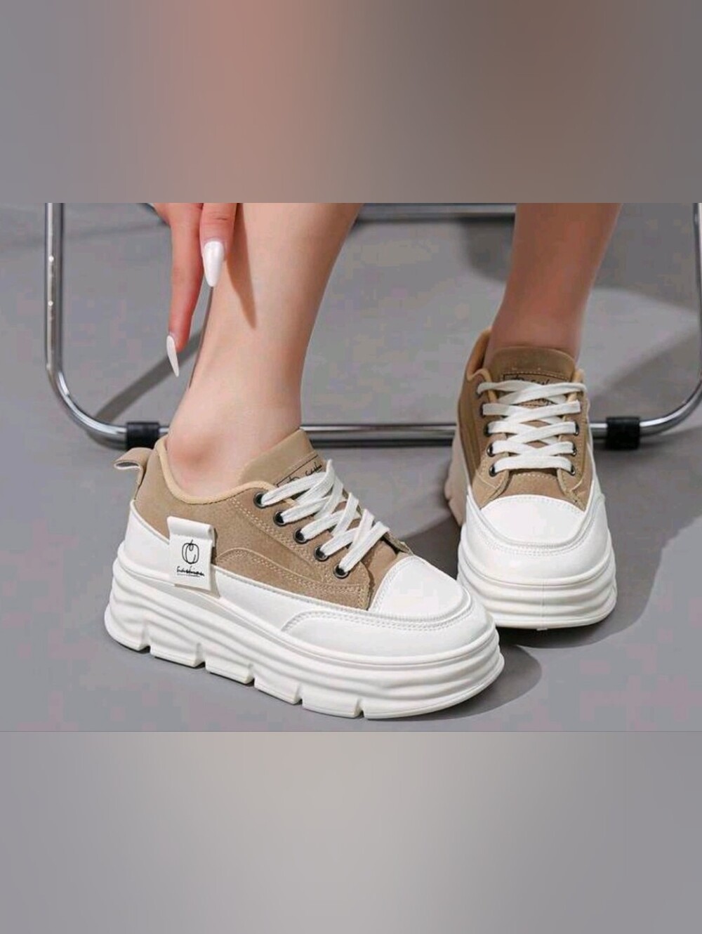 Chunky Platform Sneakers in Beige and White